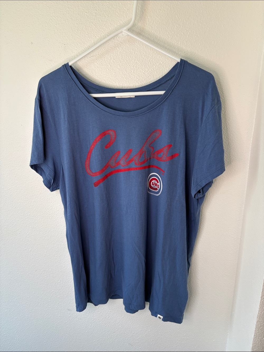 47 Women's Blue Chicago Cubs Script Tee with Red Cubs Logo